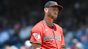 Jun 26, 2025; Cleveland, Ohio, USA; Cleveland Guardians starting pitcher Tanner Bibee (28) reacts after giving up a third run during the third inning against the Toronto Blue Jays at Progressive Field. Mandatory Credit: Ken Blaze-Imagn Images
