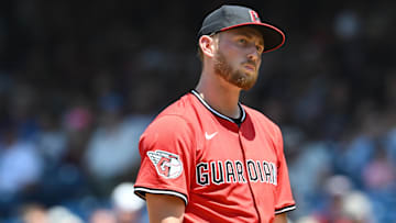 Jun 26, 2025; Cleveland, Ohio, USA; Cleveland Guardians starting pitcher Tanner Bibee (28) reacts after giving up a third run during the third inning against the Toronto Blue Jays at Progressive Field. Mandatory Credit: Ken Blaze-Imagn Images