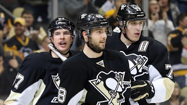 Pittsburgh Penguins center Sidney Crosby, defenseman Kris Letang, center Evgeni Malkin  