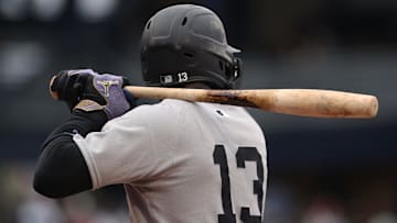 Apr 6, 2025; Pittsburgh, Pennsylvania, USA;  Detail view of  the torpedo bat used by New York Yankees second baseman Jazz Chisholm Jr. (13) against the Pittsburgh Pirates during the first inning at PNC Park. Mandatory Credit: Charles LeClaire-Imagn Images