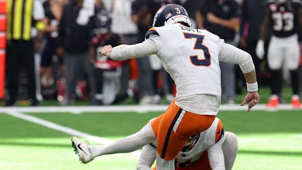 Denver Broncos place kicker Wil Lutz (3) kicks a game-winning field goal during the fourth quarter against the Houston Texans