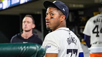 Detroit Tigers second base Andy Ibanez (77) looks up during the Major League Baseball game between the Detroit Tigers and the Tampa Bay Rays at Comerica Park in Detroit on Wednesday, Sept. 25, 2024.