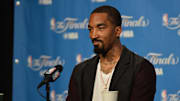 Jun 8, 2016; Cleveland, OH, USA; Cleveland Cavaliers guard J.R. Smith (5) speaks to the media after game three of the NBA Finals at Quicken Loans Arena. The Cavaliers won 120-90. Mandatory Credit: Ken Blaze-Imagn Images