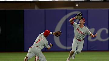 May 24, 2025; West Sacramento, California, USA; Philadelphia Phillies left fielder Weston Wilson (37) catches a fly ball against the Athletics during the tenth inning at Sutter Health Park. Mandatory Credit: Dennis Lee-Imagn Images