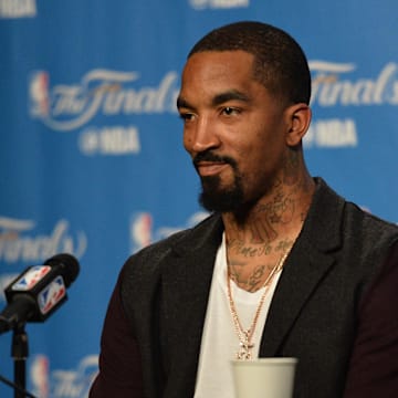 Jun 8, 2016; Cleveland, OH, USA; Cleveland Cavaliers guard J.R. Smith (5) speaks to the media after game three of the NBA Finals at Quicken Loans Arena. The Cavaliers won 120-90. Mandatory Credit: Ken Blaze-Imagn Images