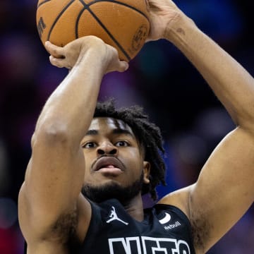 Apr 14, 2024; Philadelphia, Pennsylvania, USA; Brooklyn Nets guard Cam Thomas (24) shoots against the Philadelphia 76ers during the first quarter at Wells Fargo Center. Mandatory Credit: Bill Streicher-USA TODAY Sports