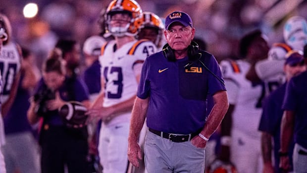 Brian Kelly looks on during an LSU football game vs. Southeastern Louisiana.