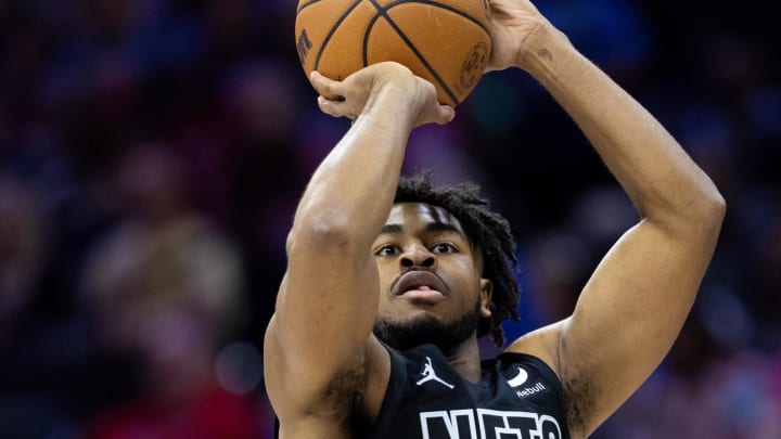 Apr 14, 2024; Philadelphia, Pennsylvania, USA; Brooklyn Nets guard Cam Thomas (24) shoots against the Philadelphia 76ers during the first quarter at Wells Fargo Center. Mandatory Credit: Bill Streicher-USA TODAY Sports