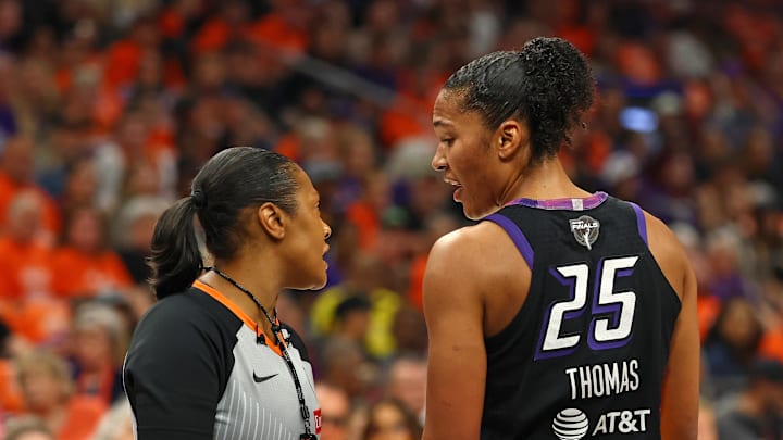 Oct 8, 2025; Phoenix, Arizona, USA; Phoenix Mercury forward Alyssa Thomas (25) reacts against the Las Vegas Aces in the first half during game three of the 2025 WNBA Finals at PHX Arena. Mandatory Credit: Mark J. Rebilas-Imagn Images
