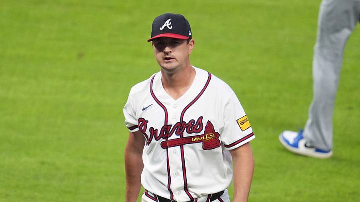 Oct 7, 2026; Cumberland, Georgia, USA;  Atlanta Braves pitcher Tyler Mahle (54) looks on after the during the fourth inning against the Los Angeles Dodgers in game four of the NLDS for the 2026 MLB Playoffs at Truist Park.  Mandatory Credit: Dale Zanine-Imagn Images
