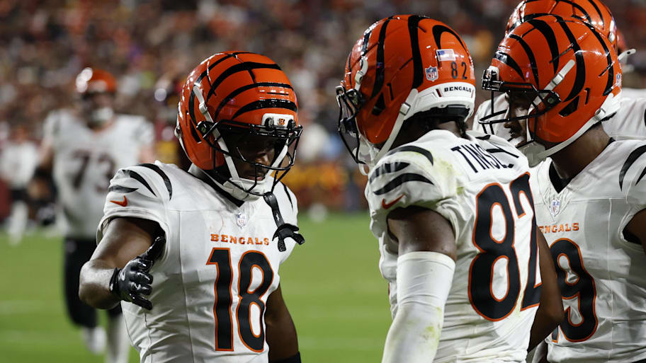 Aug 18, 2025; Landover, Maryland, USA; Cincinnati Bengals wide receiver Mitchell Tinsley (82) celebrates with teammates after scoring a touchdown against the Washington Commanders during the second quarter at Northwest Stadium. Mandatory Credit: Geoff Burke-Imagn Images | Geoff Burke-Imagn Images
