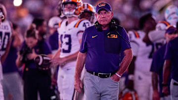 Sep 20, 2025; Baton Rouge, Louisiana, USA;  LSU Tigers head coach Brian Kelly looks on against the Southeastern Louisiana Lions during the second half at Tiger Stadium. Mandatory Credit: Stephen Lew-Imagn Images