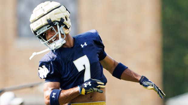 Notre Dame cornerback Jaden Mickey works a drill during the first practice of fall camp 2024.