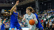 Jan 30, 2025; New Orleans, Louisiana, USA; Tulane Green Wave guard Rowan Brumbaugh (7) dribbles against Memphis Tigers forward Nicholas Jourdain (2) during the second half at Avron B. Fogelman Arena in Devlin Fieldhouse.