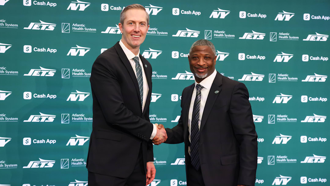 NY Jets general manager Darren Mougey and head coach Aaron Glenn