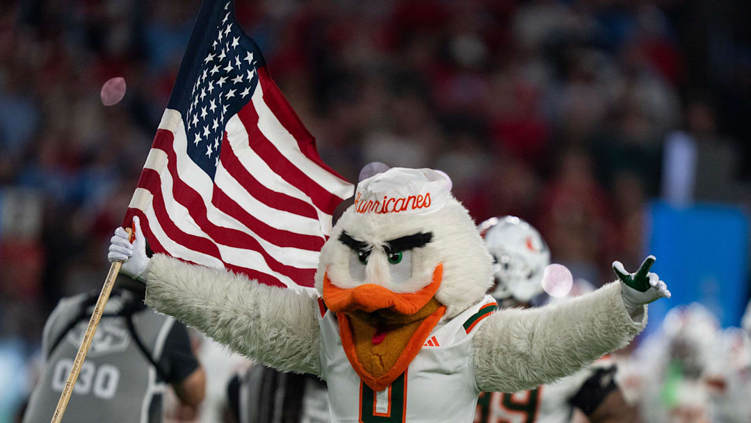 Sebastian the Ibis runs onto the field at the start of the CFP Fiesta Bowl at the State Farm Stadium, in Glendale, Ariz., on Thursday, Jan. 8, 2026.