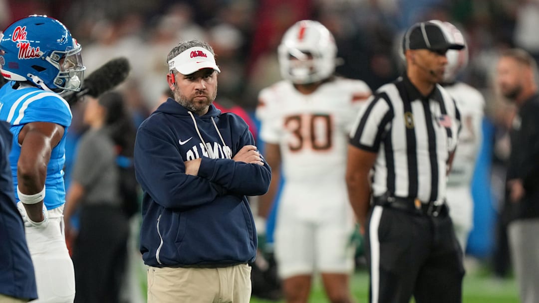 Ole Miss head coach Pete Golding stands on the field during warmups before the CFP Fiesta Bowl at the State Farm Stadium, in Glendale, Ariz., on Thursday, Jan. 8, 2026.
