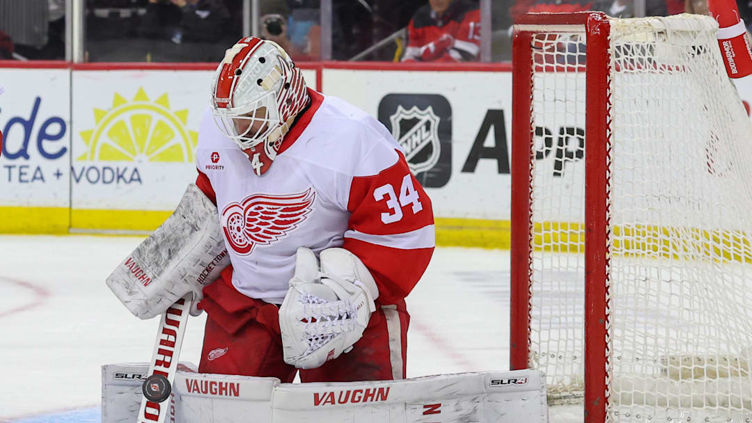 Apr 16, 2025; Newark, New Jersey, USA; Detroit Red Wings goaltender Alex Lyon (34) makes a save against the New Jersey Devils during the second period at Prudential Center. Mandatory Credit: Ed Mulholland-Imagn Images