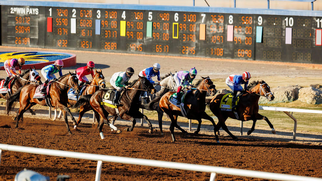 Seen is the start of the Sunland Park Derby at Sunland Park Racetrack & Casino, in Sunland Park, New Mexico, Sunday, February 18, 2024. The 19th annual Sunland Derby (Grade III) Stakes was the premiere race of the day and the $400,000 race gives the winner 20 qualifying points towards entrance into the 2024 Kentucky Derby.
