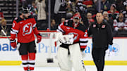 Jan 22, 2025; Newark, New Jersey, USA; New Jersey Devils goaltender Jacob Markstrom (25) is injured during the second period of their game against the Boston Bruins at Prudential Center. Mandatory Credit: Ed Mulholland-Imagn Images
