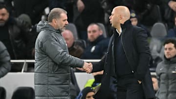 Ange Postecoglu and Arne Slot shaking hands