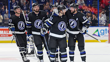 From left to right: Darren Raddysh, Nick Paul, Steven Stamkos, Brayden Point, Nikita Kucherov.