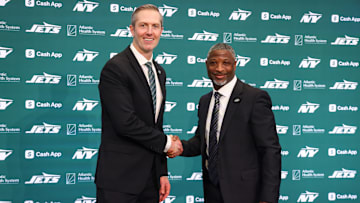 NY Jets general manager Darren Mougey and head coach Aaron Glenn
