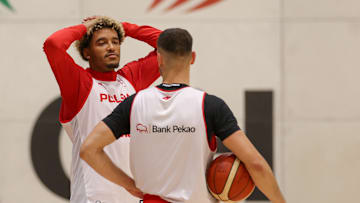 Jeremy Sochan of Poland (L) seen during a training session...