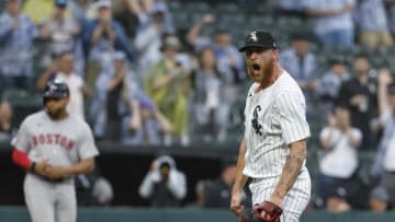 Jun 8, 2024; Chicago, Illinois, USA; Chicago White Sox relief pitcher Michael Kopech (34) reacts after striking out Boston Red Sox outfielder Jarren Duran for a final out during the ninth inning at Guaranteed Rate Field. Mandatory Credit: Kamil Krzaczynski-USA TODAY Sports