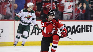 Mar 31, 2025; Newark, New Jersey, USA; New Jersey Devils defenseman Luke Hughes (43) celebrates his goal against the Minnesota Wild during the first period at Prudential Center. Mandatory Credit: Ed Mulholland-Imagn Images