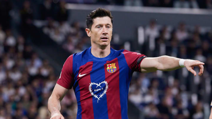 Robert Lewandowski of FC Barcelona reacts during the La Liga...