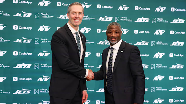 NY Jets general manager Darren Mougey and head coach Aaron Glenn