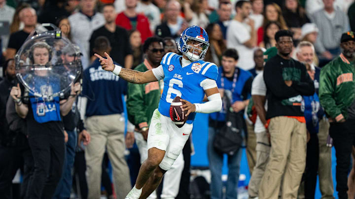 Ole Miss quarterback Trinidad Chambliss (6) celebrates a play during the CFP Fiesta Bowl against Miami at the State Farm Stadium, in Glendale, Ariz., on Thursday, Jan. 8, 2026.