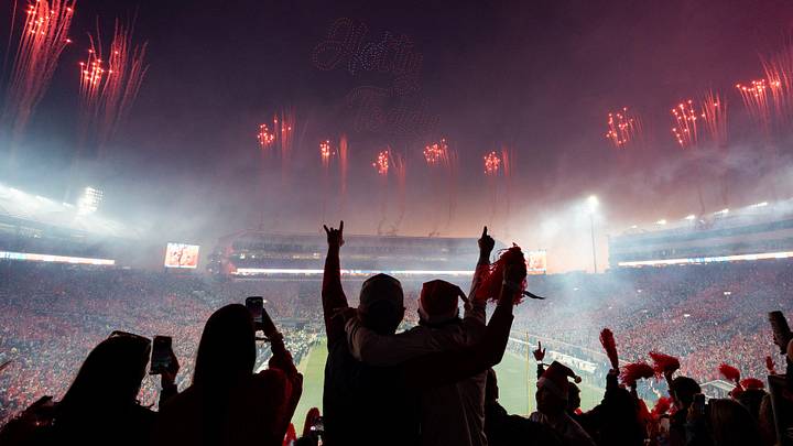 Ole Miss fans watch a drone show at the end of the third quarter in the first round of the College Football Playoff against Tulane at Vaught-Hemingway Stadium in Oxford, Miss., on Saturday, Dec. 20, 2025.