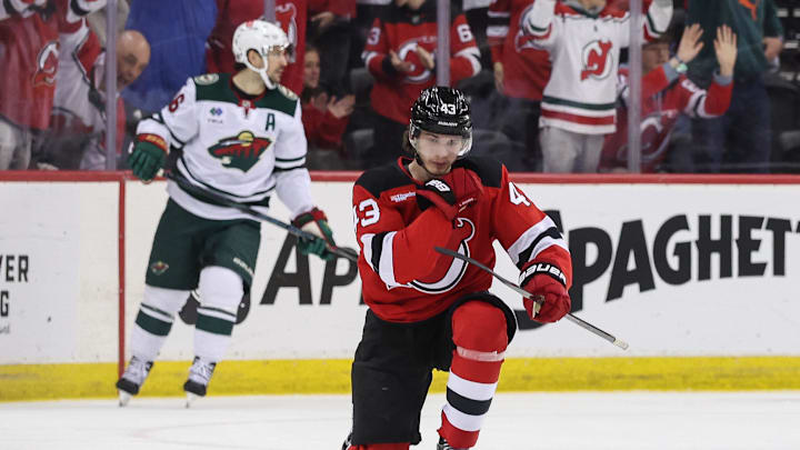 Mar 31, 2025; Newark, New Jersey, USA; New Jersey Devils defenseman Luke Hughes (43) celebrates his goal against the Minnesota Wild during the first period at Prudential Center. Mandatory Credit: Ed Mulholland-Imagn Images