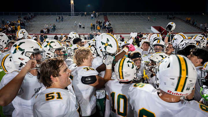 The St. X Tigers celebrated on the field after defeating the Manual Crimsons 28-17 in KHSAA football action on Friday night. Oct. 10, 2025.