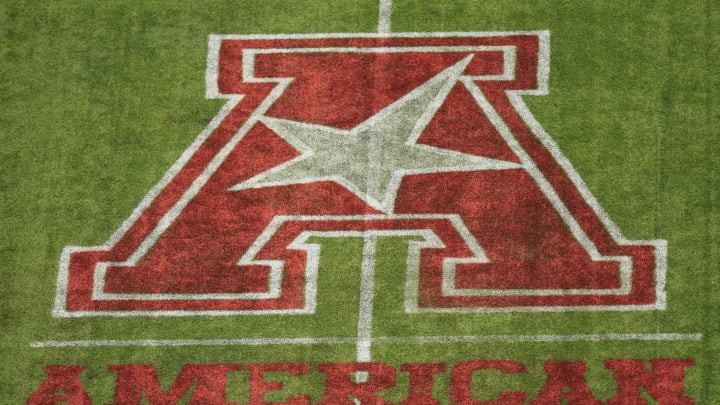 Aug 30, 2013; Houston, TX, USA; The American Athletic Conference logo on the field before the game