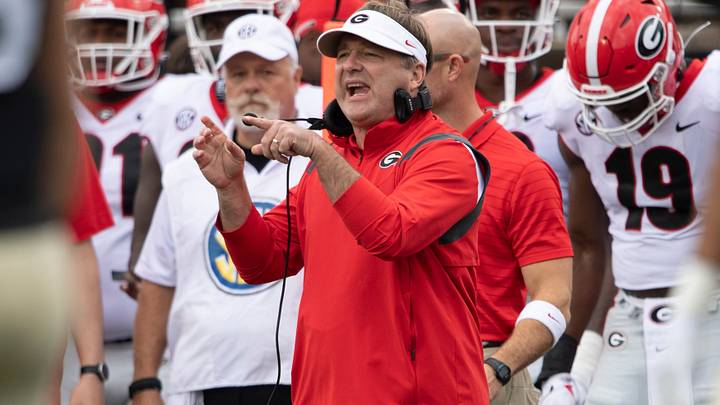 Georgia head coach Kirby Smart yells at his team during the first quarter of the game against Vanderbilt at Vanderbilt Stadium Saturday, Sept. 25, 2021 in Nashville, Tenn.

Nas Vandy Ga 025
