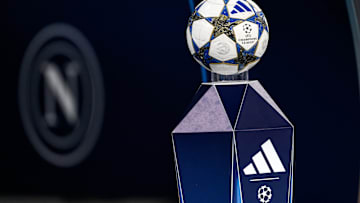The Adidas ball of the match and the Logo of SSC Napoli seen...