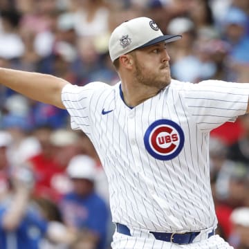 Jul 4, 2024; Chicago, Illinois, USA; Chicago Cubs starting pitcher Jameson Taillon (50) delivers a pitch against the Philadelphia Phillies during the second inning at Wrigley Field. Mandatory Credit: Kamil Krzaczynski-USA TODAY Sports