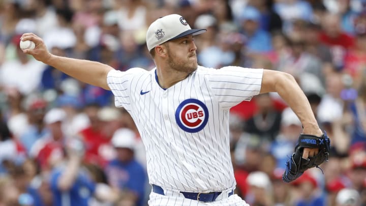 Jul 4, 2024; Chicago, Illinois, USA; Chicago Cubs starting pitcher Jameson Taillon (50) delivers a pitch against the Philadelphia Phillies during the second inning at Wrigley Field. Mandatory Credit: Kamil Krzaczynski-USA TODAY Sports