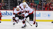 Jan 19, 2025; Newark, New Jersey, USA; Ottawa Senators left wing Brady Tkachuk (7) skates with the puck against the New Jersey Devils during the third period at Prudential Center. Mandatory Credit: Ed Mulholland-Imagn Images