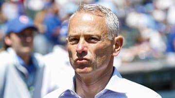 Jul 18, 2025; Chicago, Illinois, USA; Chicago Cubs President of Baseball Operations Jed Hoyer walks on the sidelines before a baseball game between the Chicago Cubs and Boston Red Sox at Wrigley Field. Mandatory Credit: Kamil Krzaczynski-Imagn Images