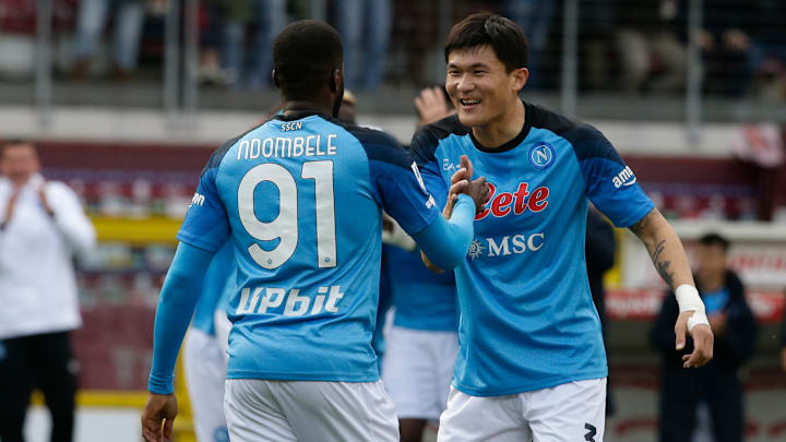 SSC Napoli French midfielder Tanguy Ndombele celebrates...