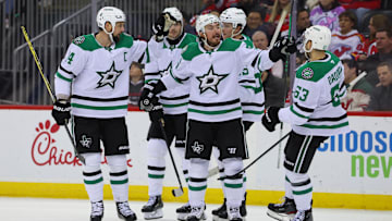 Feb 22, 2025; Newark, New Jersey, USA; Dallas Stars center Matt Duchene (95) celebrates his goal against the New Jersey Devils during the third period at Prudential Center. Mandatory Credit: Ed Mulholland-Imagn Images