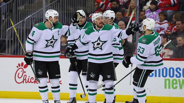 Feb 22, 2025; Newark, New Jersey, USA; Dallas Stars center Matt Duchene (95) celebrates his goal against the New Jersey Devils during the third period at Prudential Center. Mandatory Credit: Ed Mulholland-Imagn Images