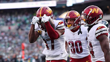 Jan 26, 2025; Philadelphia, PA, USA; Washington Commanders wide receiver Terry McLaurin (17) reacts after a play against the Philadelphia Eagles during the first half in the NFC Championship game at Lincoln Financial Field. Mandatory Credit: Bill Streicher-Imagn Images