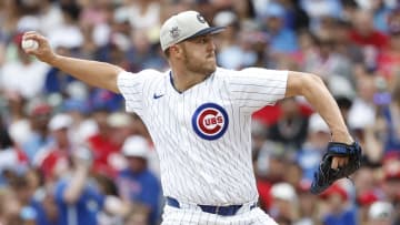 Jul 4, 2024; Chicago, Illinois, USA; Chicago Cubs starting pitcher Jameson Taillon (50) delivers a pitch against the Philadelphia Phillies during the second inning at Wrigley Field. 