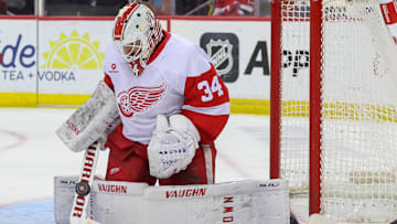 Apr 16, 2025; Newark, New Jersey, USA; Detroit Red Wings goaltender Alex Lyon (34) makes a save against the New Jersey Devils during the second period at Prudential Center. Mandatory Credit: Ed Mulholland-Imagn Images