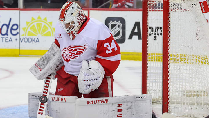 Apr 16, 2025; Newark, New Jersey, USA; Detroit Red Wings goaltender Alex Lyon (34) makes a save against the New Jersey Devils during the second period at Prudential Center. Mandatory Credit: Ed Mulholland-Imagn Images